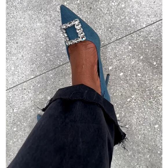 MANGO Denim Crystal Buckle Heels NWT – Embellished Pointed Toe Pumps, Size 8.5 - Picture 9 of 12